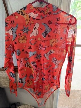 Orange Western-Print Long-Sleeve Bodysuit